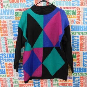 Vintage Karen Scott Sweater Size M Geometric Multicolor 80s Shoulder Pads
